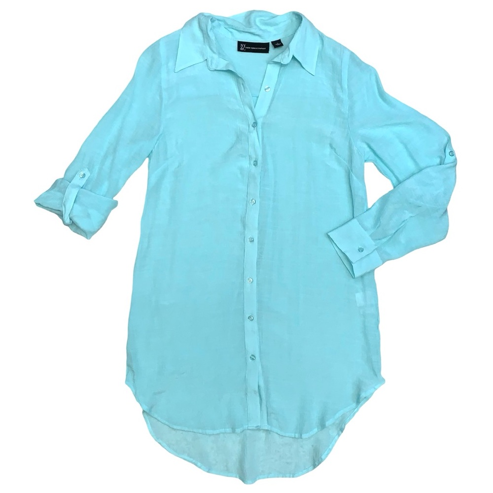 New York & Company Gauzy Roll Tab Sleeve Tunic Seafoam Lightweight Airy Sheer